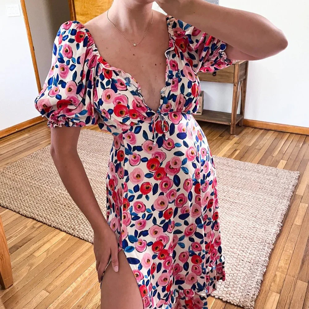 For Love & Lemons Colorful Floral Rose Print Romantic V Neck Ruffled Maxi Dress